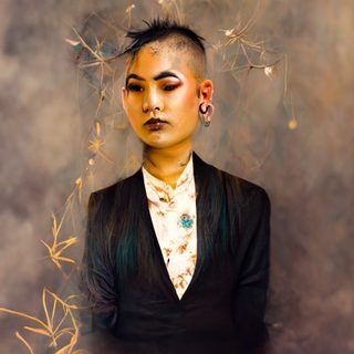 A composed, near-photographic portrait of a young person, the sides of the head shaved, encircled by floating golden seed-heads against a soft grey ground.