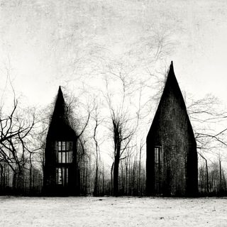 Two dark, steep-roofed houses standing among bare trees in a cold, muted landscape.