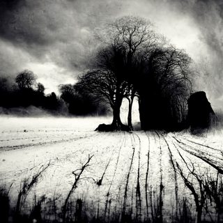 A dark copse of trees in a snowfield, ploughed furrows streaming toward it.