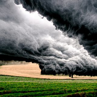 A black weather front swallowing a green field, a lone tree at the edge of the dark.