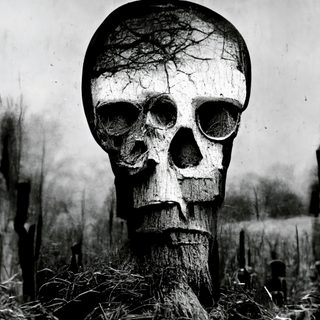 A weathered human skull fused to the top of a tree stump in a field of cut stumps, on a cracked sepia, tintype-like surface.