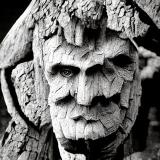 An ancient face carved in cracked bark, one living eye watching, foliage breaking from the head.