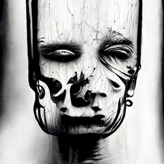 A tall face carved in cracked white wood, skull-like and weathered, like a cult-post.