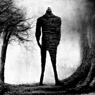 A faceless standing figure built of stacked bark and earth-strata in a bare winter wood.