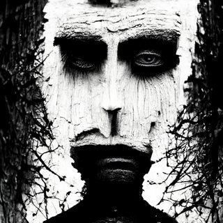 A pale, cracked face hollowed by dark empty eyes and ringed with thorns.