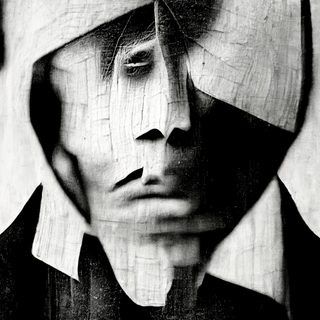 A sorrowing young face fracturing like old plaster, cracks running across the skin.