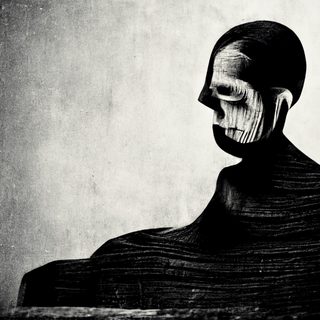 A dark carved-wood profile, head bowed, the grain catching a low light.