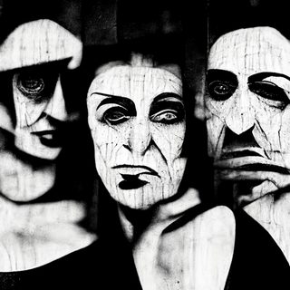 Three cracked white faces pressed together, ancient and unblinking.