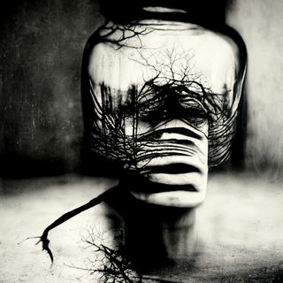A pale, urn-like head on bare ground with a dead tree bursting out of it.