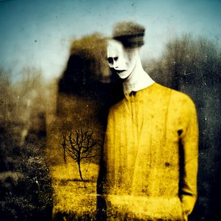 A man in a death-white mask and a sickly-yellow shirt, his shadow looming large behind him.