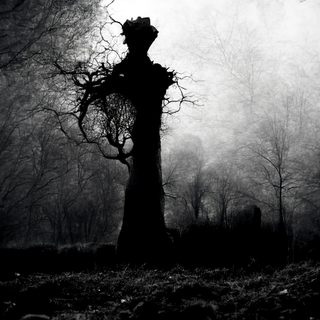 A dead, figure-like tree bowed in mist, as if grieving.