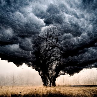A great frontal tree crowned by its own black storm cloud, breathing weather.