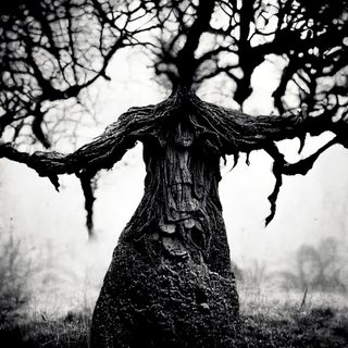 A tree whose trunk-body opens its arms in the fog, vast and sheltering.