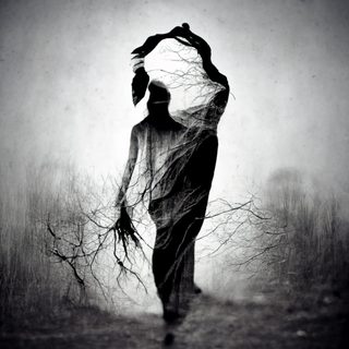 A pale figure standing in winter mist, arms rising into bare branches.