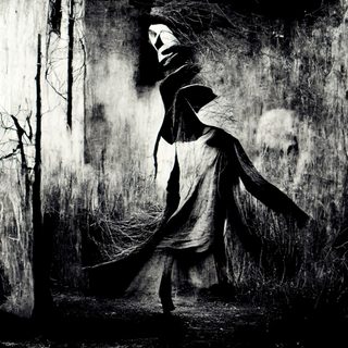 A cloaked, masked figure striding through black brambles.