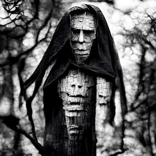 A hooded wooden saint in mist, a small skull set in its breast.