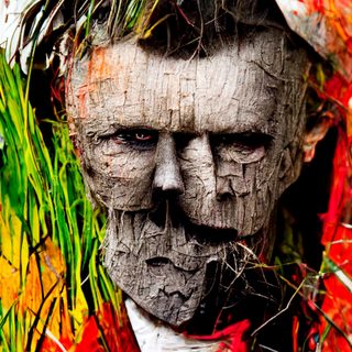 A face turning to bark, a single living eye remaining, foliage blazing around it.