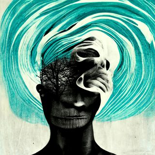 A calm dark face beneath a turquoise vortex, one temple becoming a bare tree.