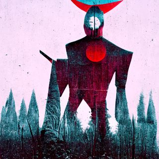 A red-robed wooden idol above a line of conifers, a burning orb at its chest.