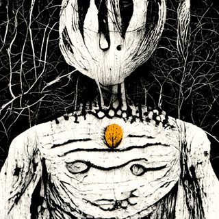 A white woollen totem with a single orange leaf set on its breast.