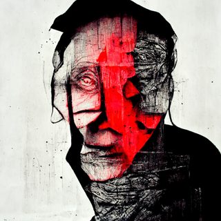 An aged face slashed with a red cross of paint.