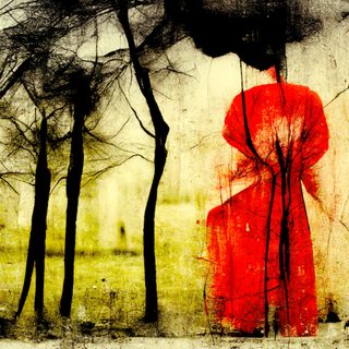 A faceless, red-robed presence among black trees, bare branches running through the robe.