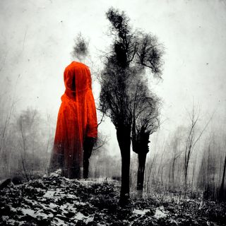 A figure in a vivid orange hood standing alone in a white winter wood.