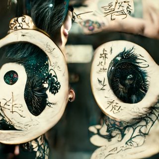 A contemporary figure half-hidden behind two ink-painted discs, an eye gazing from one.