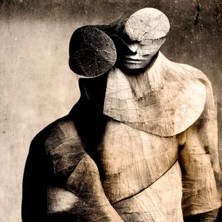 Two wooden figures leaning together, one serene and one a blank log-end, fused into one.