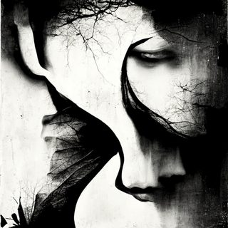 Two profiles nearly touching, veiled by bare branches, in stark black and white.