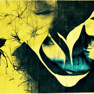 Two faces leaning close with closed eyes, one warm yellow, one cold teal, threaded with branches.