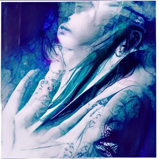 An upturned face in cool blue, a hand at the throat, a ghosted double behind.