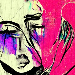An ink-drawn face drowning in magenta, blue tears running down.