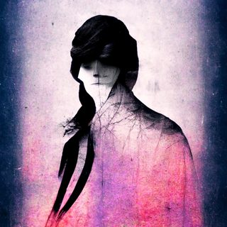 A veiled, bowed figure with bare branches at the breast, pink rising behind.