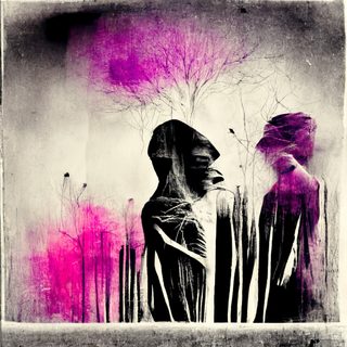 Two figures in a blighted pink wood, one of them fading into magenta.