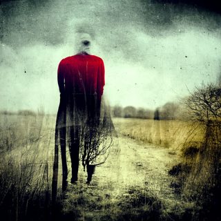 A red-coated figure seen from behind, legs dissolving into brush, the head a blur.
