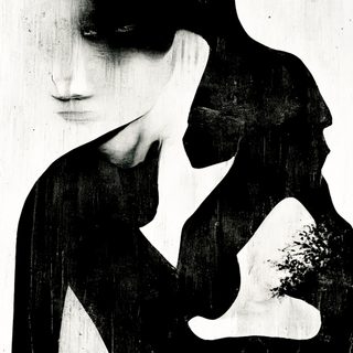 Stark black and white: a luminous, sorrowing face beside a dark figure dissolving to ash.