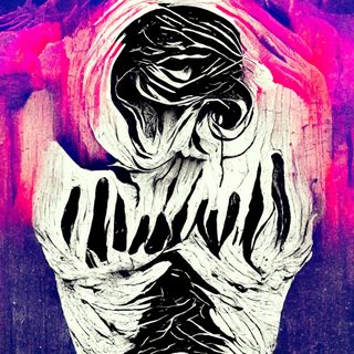 A bone-pale figure seized in a magenta storm, head thrown back.