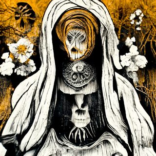 A veiled, skull-faced death-Madonna carved in pale wood, flanked by white blossoms against orange and black.