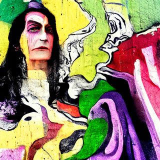 A gaunt, white-faced figure with bruised eyes in a riot of colour, a second face emerging.