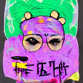 A green-haired painted mask scrawled with invented script.
