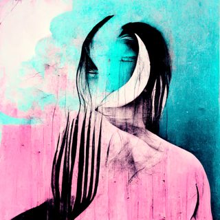 A bowed woman cradled by a white crescent moon, her hair falling like black rain.