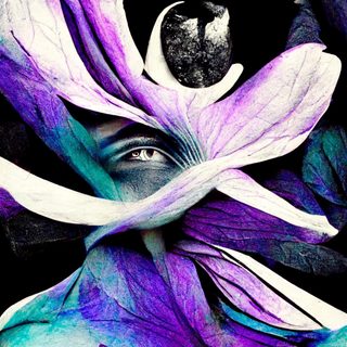 A single eye gazing from within a violet iris flower.