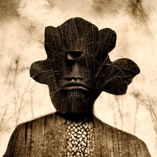A carved wooden idol-face set in a fanned halo of petal-like rays, in warm sepia.