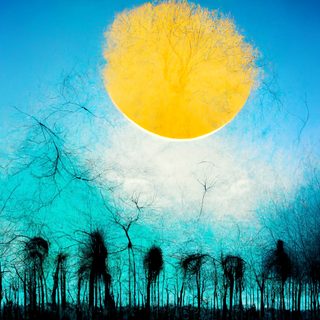 A branch-filled sun rising over a crowd of small tree-figures.