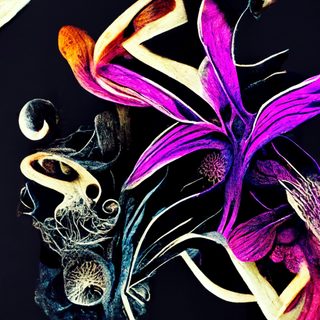 A still life of vivid magenta petals beside bleached botanical bone on a black ground.