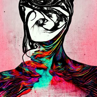 A dark, scribbled head above a body erupting into multicoloured plumage.