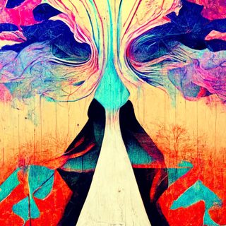 A symmetrical, polychrome face that is also tree and butterfly.