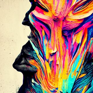 A grey carved profile erupting into polychrome flame — magenta, orange and cyan — down one side.