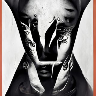 A face peeled into shifting planes that reveal inked eyes and other faces beneath, in black and white.